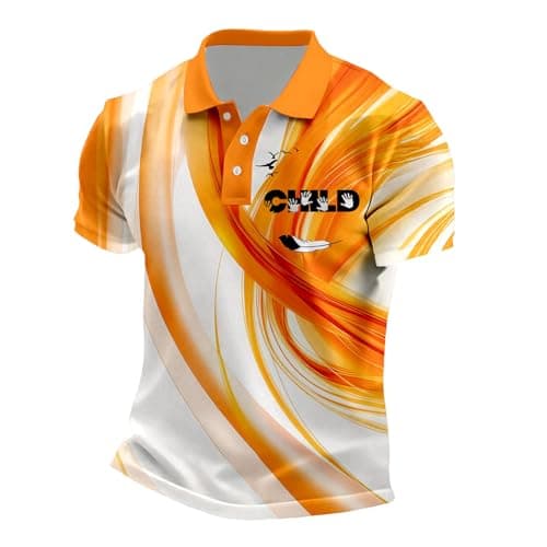 Image of Polo Shirt Men's Casual Short Sleeve Shirt with Orange Sun Print, Breathable Blend T-Shirt for Everyday Outdoor Activities, orange, XL