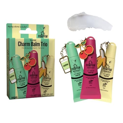 Image of Dr.PAWPAW Charm Balm Cherry, Banana, and Matcha Trio 3 x 10ml, Hydrating Scented Lip Balm Set with Pawpaw, Lightweight Vegan Lip Care for Soft Smooth Glossy Lips