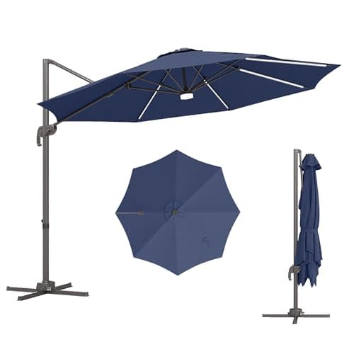 Image of Outsunny 3 m Cantilever Roma Parasol Garden Sun Umbrella Outdoor Patio with 360 Degree Rotation Crank and Tilt Aluminium Frame LED Solar Light Cross Base, Blue