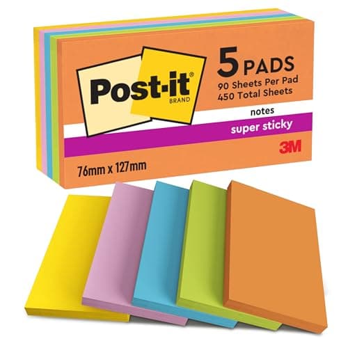 Image of Post-it Super Sticky Notes, 450 Sheets, Pack of 5 Pads, 76 mm x 127 mm - Holds Strong to Many Surfaces - Bright Colours - for Walls, Monitors and Fridge, Recycable