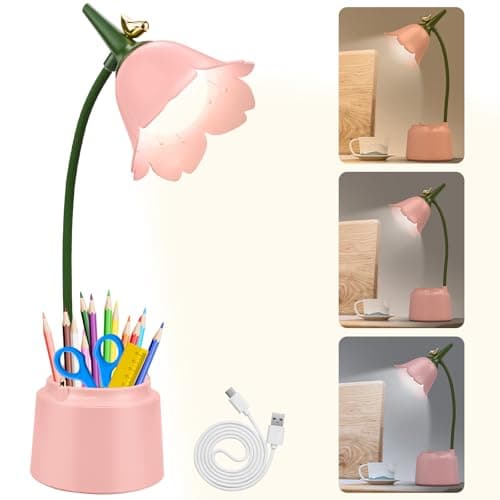 Image of LED Flower Desk Lamp Cordless Table Light - Rechargeable Desk Lamp for Children, Pink Cute Cordless 3 Color Modes Dimmable Touch Control USB Girls Bedside Lamp Desk Light for Children Reading Study