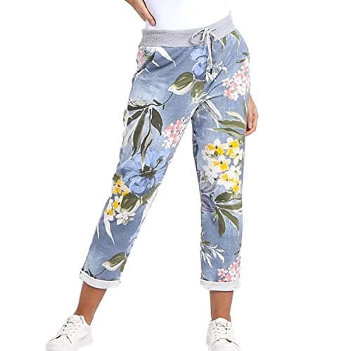 Image of eyes Women’s Denim Jean Joggers Star Printed Sweatpants Floral Ribbed Waistband Trousers Ladies Casual Summer Italian Gym Running Pants Plus Size 8-26 (Jungle Light Denim, 12-14)