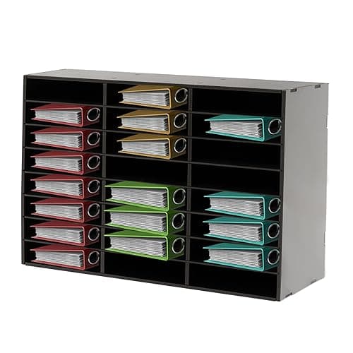Image of VonVVer 24 Compartment Literature Organizer, Heavy Duty Desk Paper Storage Organizer with Removable Partitions, 176 lbs Capacity, Modern Office Mailbox & Document Sorter (24 Compartment, Black)