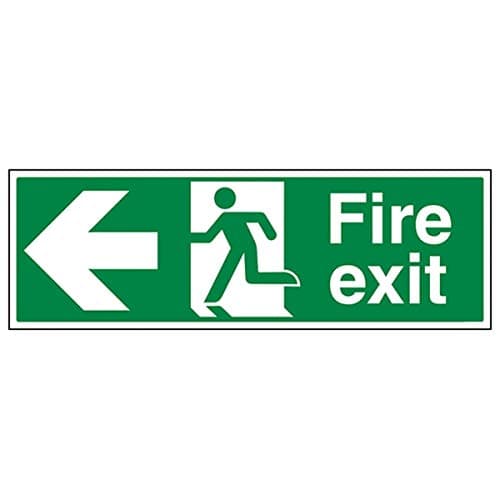 Image of V Safety Fire Exit Arrow Left Sign - Landscape - 450mm x 150mm - 2mm Rigid Plastic, 14003BJ-R2