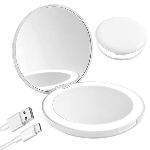 Image of Dewlawn Compact Magnifying Mirror with Light 1X/10X, Portable Travel Makeup Mirror with 3 Models Dimmable LED Light, Rechargeable Pocket Mirror with USB-C Cable for Handbag Makeup Touch-Ups