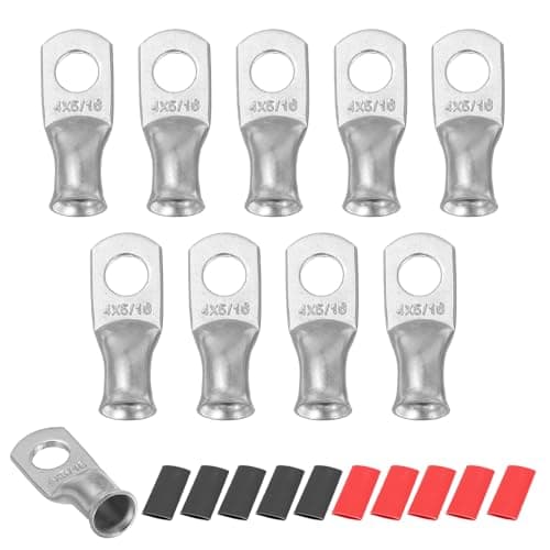 Image of sourcing map 10pcs 4 AWG M8 Battery Lugs Ring Terminals, 5/16" 8mm Stud Crimp Wire Terminal Connector End Copper, 2:1 Heat Shrink Tubing, Silver