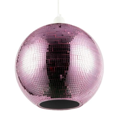 Image of Shiny Disco Mosaic Ball Pendant Shade in Vibrant Pink Mirrored Tiled | Unique Vintage Retro Style | 25cm Diameter | Handmade Piece by Happy Homewares