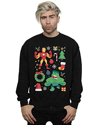 Image of Marvel Men's Iron Man And Hulk Christmas Day Sweatshirt Black X-Large