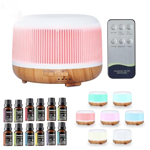 Image of LKH Aroma Diffuser & Humidifier 300ml with Remote & Timer – Aromatherpay Ultrasonic Mist 10 Essential Oils Diffuser - LED Colour Changing Mood Lights and Humidifier, USB Powered 1.5m Cord