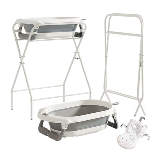 Image of UBRAVOO Baby Bath with Stand, Baby Bathtub Foldable with Thermometer and Bath Pillow, Ergonomic Cushion and Drain Hose, Durable & Easy to Store, Best for Newborns & Babies Up to 12 Months (Grey)