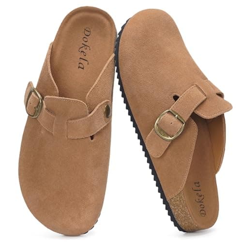 Image of Suede Clogs for Women Men Soft Cork Footbed Leather Mules Comfort Slippers Potato Shoes with Arch Support, Light Brown, 3 UK