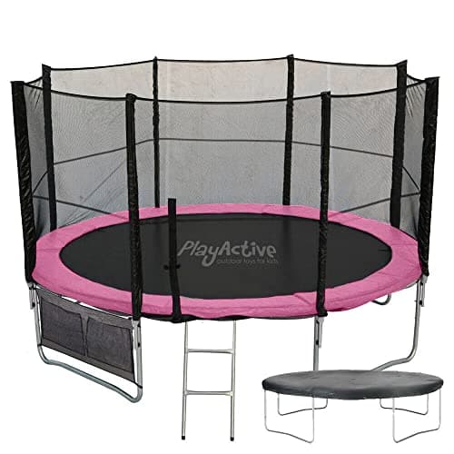 Image of PlayActive 6ft / 8ft / 10ft / 12ft / 14ft / 16ft Kids Trampoline with Safety Enclosure Net, Ladder, Weatherproof Cover, Shoe Bag Included (Pink, 8ft)