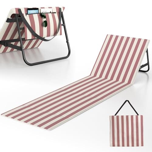 Image of Rhyvorax Adjustable Beach Sun Lounger Mat,180x55cm Lightweight Folding Portable Chair with Backrest & Zipper Pocket for Beach,Pool,Camping,Garden,Travel (red and white stripes)