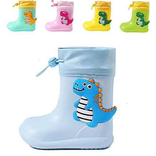Image of DRECAGE Dinosaur Rain Boots with Pull On Drawstring Closure for Kids Boy and Girl, Waterproof Non-Slip Unisex Children Wellies Wellington Rubber Rain Shoes Outdoors Blue 8 UK Child A