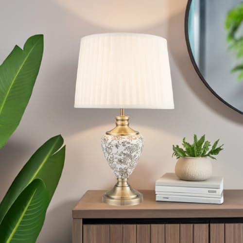 Image of Lighting Supermarket Hepburn Large Printed Ceramic Table Lamp with Cream Pleated Shade - Gold Print & Brass