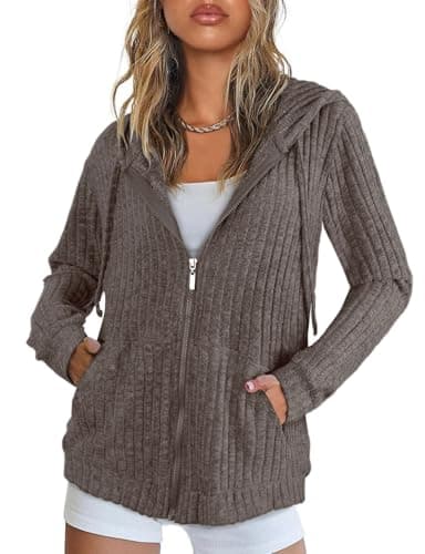 Image of Flikity Womens Zip Up Hoodie, Hooded Cardigan Lightweight Jackets for Women UK Ladies Casual Jackets Long Sleeve Tops Womens Autumn Clothes Spring Summer Coats Brown XXL