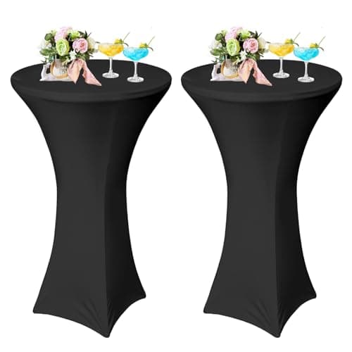 Image of AMFUN 2 Pack Cocktail Table Covers,Spandex Stretch Tablecloth Elastic Table Cover Square Corners Tablecloth Fitted High Top Bar Table for Party, DJ, Bar, Wedding, Birthday, Banquet, Black,32"x43"