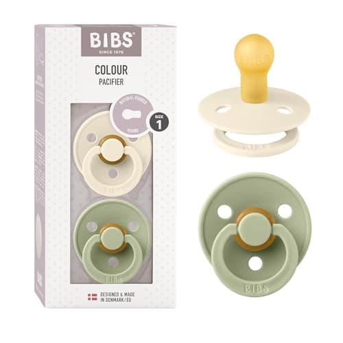 Image of BIBS Colour Soother 2-Pack, BPA Free Dummy Pacifier, Round Nipple. Natural Rubber Latex, Size 1 (0-6 Months), Ivory/Sage