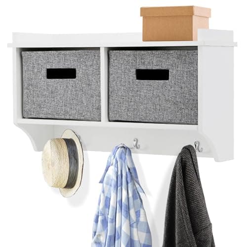 Image of Taylor & Brown White Wooden Wall Mounted 3 Hook Coat Rack Display Storage Unit Shelf Modern Hallway Organiser Hooks Stand Hat with 2 Fabric Baskets - W60 x D20 x H34cm