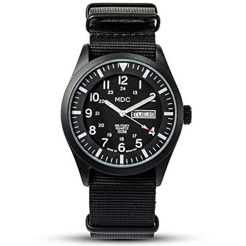 Image of Infantry MDC Mens All Black Military Watch,Gents Analogue Tactical Field Watch,12/24 Hour Military Time with Day Date,50M Waterproof Rugged Work Watch, Heavy Duty Nylon NATO Strap
