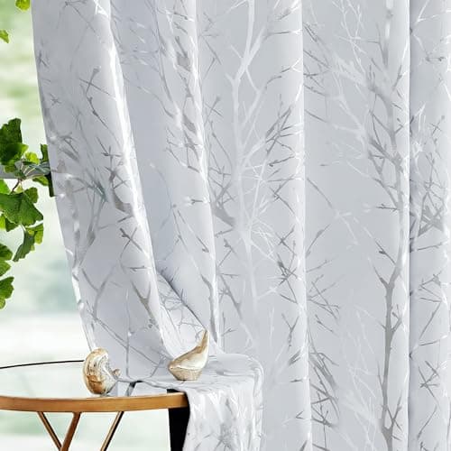 Image of Fmfunctex Blackout Thermal Curtains for Living Room 90 Inch Drop White Silver Eyelet Curtains for Bedroom Branch Foil Print Room Darkening Energy Saving Window Curtain Drapes 2 Panels