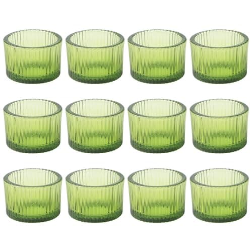 Image of 12 Pieces Green Glass Candle Holders, Glass Vertical Stripe Tealight Holder, Vintage Tealight Candle Holder, Table Centrepiece Holder, Romantic Holder for Wedding Tables Decorations