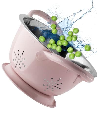 Image of Stainless Steel Mini Colander - Durable & Rust Resistant Drainer with Perforated Drainage Holes & Ergonomic Side Handles. Great Strainer for Pasta, Veggies & Fruits. 15cm Dia x 8.6cm. Cherry Blossom