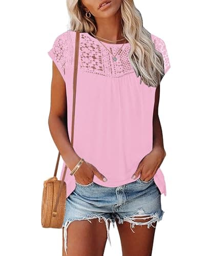 Image of WNEEDU Womens Summer T Shirts Lace Tops Cap Short Sleeve Tshirt Crew Neck Casual Blouses Elegant Pink 2XL