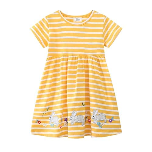 Image of Momolaa Toddler Girl Short Sleeve Easter Dress for 7-8 Years Cotton Casual Summer Embroidery Applique Short Sleeve Shirt Dresses Striped Yellow