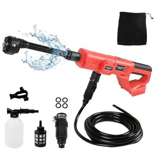 Image of Cordless Pressure Washer Compatible with Milwaukee 18V Battery, 1000PSI Portable Power Pressure Jet Washer with 6-in-1 Nozzle and 5m Hose, High-Pressure Washer for Car Floor Fence Wall Cleaning (Red)
