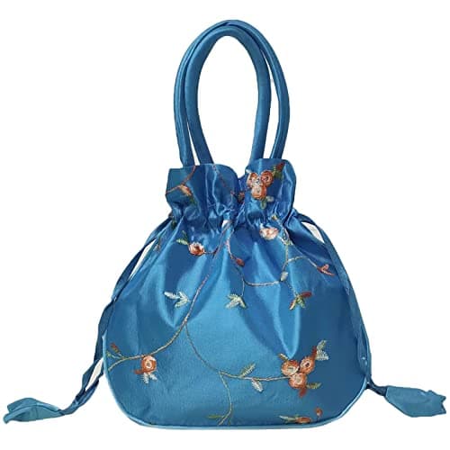 Image of SINSEN Small Drawstring Pouch Gift Bag for Present, Satin Embroidered Potli Bag Clutches Handbag, Brocade Ethnic Jewellery Coin Purses for New Year Birthday Wedding Party Valentine (Blue02)