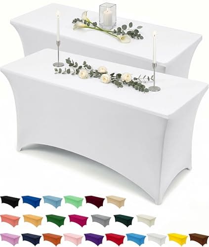 Image of Utopia Kitchen Spandex Table Cloth 2 Pack [6FT, White] Tight, Fitted, Washable and Wrinkle Resistant Stretch Rectangular Patio Table Cover for Event, Wedding, Banquet & Parties [183Lx76Wx76H] cm