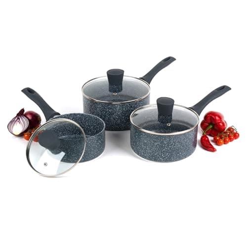 Image of Russell Hobbs COMBO-4838A Nightfall Stone Saucepan Set, 3 Piece Pan Set, 16/18/20 cm, for All Hob Types Including Induction, Comfortable Bakelite Handle, Tempered Glass Lids, Blue Marble Aluminium