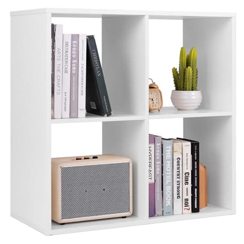 Image of COSTWAY 4 Cube Bookcase, Wooden Bookshelf Open Display Shelving Unit with Anti-Tipping Device, Open-back Storage Cabinet Record Player Stand Organizer (White, 70 x 33 x 70cm)