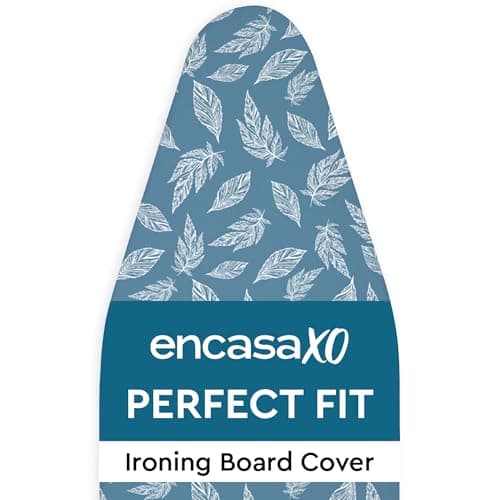 Image of Encasa XO Ironing Board Covers and pad 135x45 cm- Thick 3mm Felt Padding, Drawstring Tightening & Lock, Heat Reflective, Scorch & Stain Resistant, for X-Large Ironing Board - Big Leaves Blue