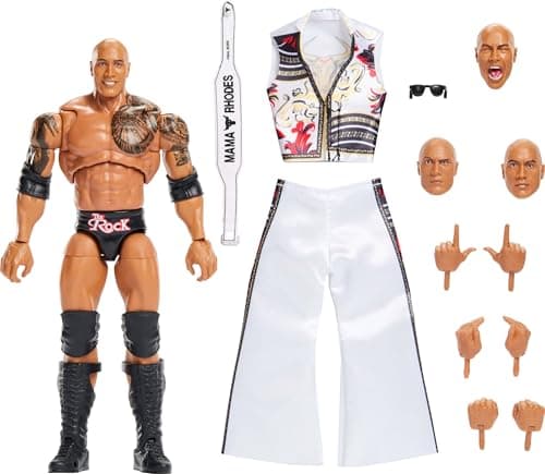 Image of Mattel WWE Ultimate Edition Action Figure & Accessories Set, The Rock Final Boss 6-inch Collectible with Swappable Heads & Hands, 30 Articulation Points, JKD32
