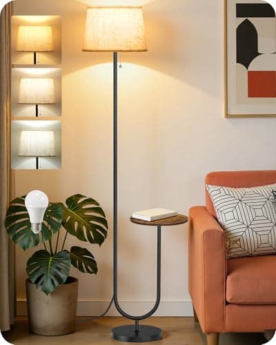 Image of GOEBLESON Floor Lamp with Storage Shelf, 3 Color Temperatures, Memory Function, Standing Lamp with Natural Linen Shade, Pull-Chain Switch, for Living Room, Bedroom, Rustic Brown and Beige ZFE21LDK05