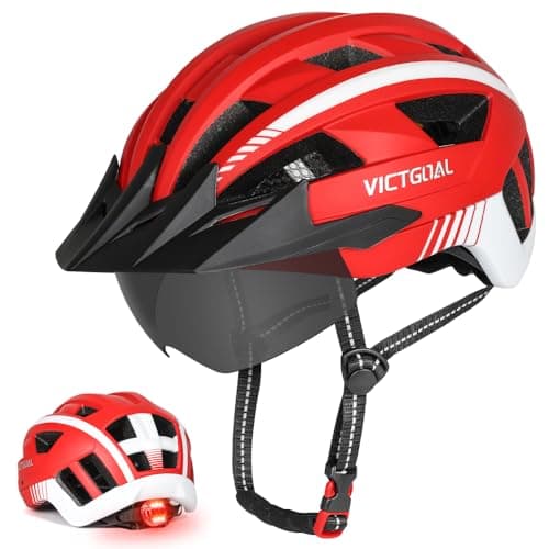 Image of Victgoal Bike Helmet for Men Women with Led Light Detachable Magnetic Goggles Visor Mountain & Road Bicycle Helmets Adjustable Size Adult Cycling Helmets (Red, M: 21.3-22.8 inch (54-58 cm))