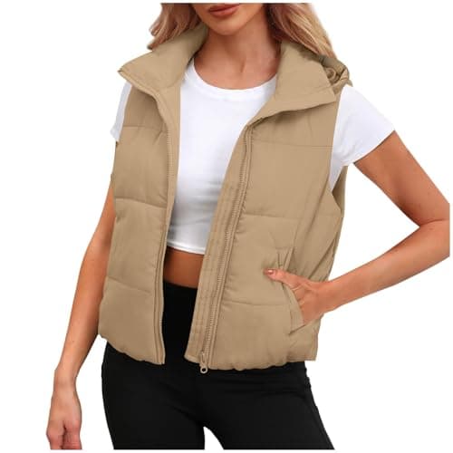 Image of NSICBMNO Brown Gilet For Women Uk - Winter Coats For Women Uk, Puffer Gilet Body Warmer Padded Waistcoat, Padded Hooded With Pockets, Short Zip Up Hoodie Sleeveless Jacket Ladies Puffer Coats