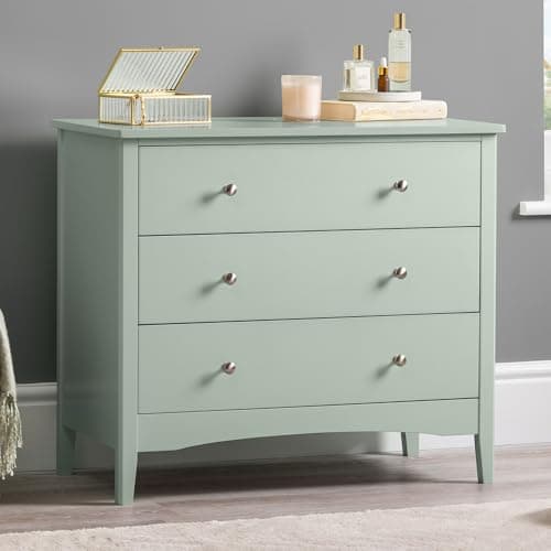 Image of Christow Sage Green Chest Of Drawers, 3 Drawer Storage Organiser Unit, Modern Wooden MDF Bedroom Cabinet Furniture, Living Room Hallway, Brushed Chrome Handles, Easy Glide Runners (70cm x 80cm x 40cm)