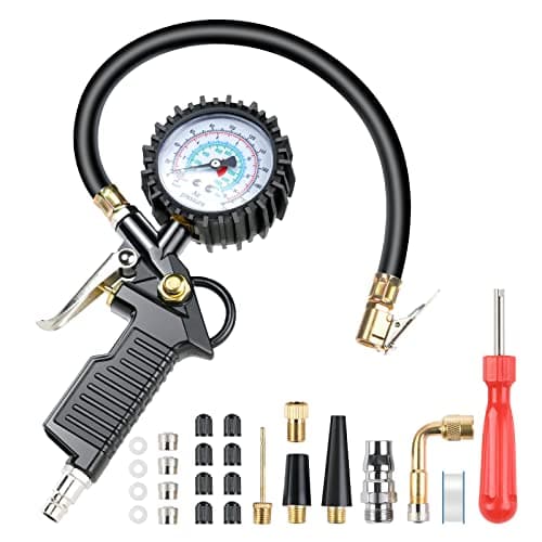 Image of VSSHE Tyre Pressure Gauge, 220 PSI Tyre Inflator, With Rubber Hose, Valve Core Tool, Compressor Accessories, Adapter, Suitable for Compressor Car Motorcycle Bicycle Truck