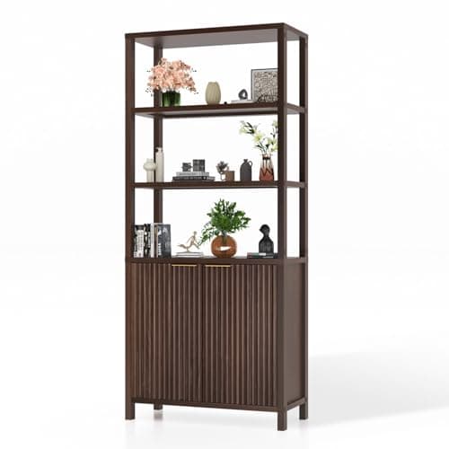 Image of Bonnlo 6-Tier Bookshelf, Bookcase with Doors, Fluted Panel Bookcase with Adjustable Shelf, 78.5 x 35.5 x 180.5 cm, Display Cabinet for Home Office Living Room Study (Walnut)