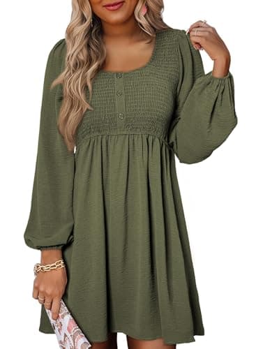 Image of Dokotoo Women's Long Sleeve Dresses Spring Fashion Elegant U Neck Bust Gathering High Waist Ladies Dress Lantern Sleeves Solid Color Casual A Line Knee-Long Summer Womens Minidress Green XL
