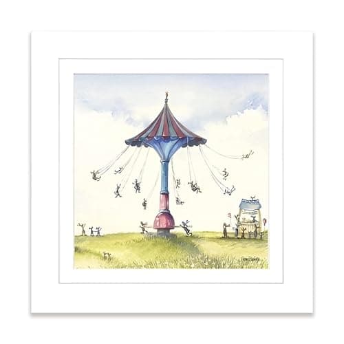 Image of Artko Fairground & Bunny Rabbit Framed Wall Art - 'Carousel & Lemonade' by Catherine Stephenson - Whimsical Animal Print - Ready to Hang Home Décor - 33cm x 33cm