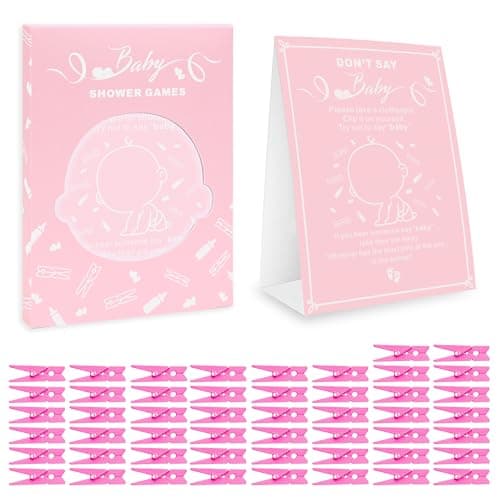 Image of Amzsudy Don't Say It Game, Gender Neutral Shower Games Supplies for Boys Girls, No Prep Needed Party Games for Parents-to-be, 50 Mini Clothespins & Rule Sign Card, Pink