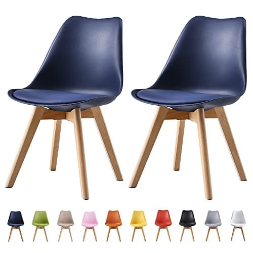 Image of mcc direct Set of 2 Dining Chairs Wooden Legs Soft Cushion Pad Stylish DELUXE Retro Lounge Dining Office EVA (Blue)
