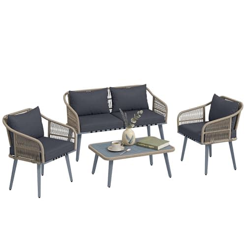 Image of Outsunny 4 Piece Rattan Garden Furniture Set with Loveseat, 2 Armchairs, Acacia Wood Table, Steel Frame 4 Seater Wicker Patio Conversation Set with Thick Cushions for Outdoor, Grey