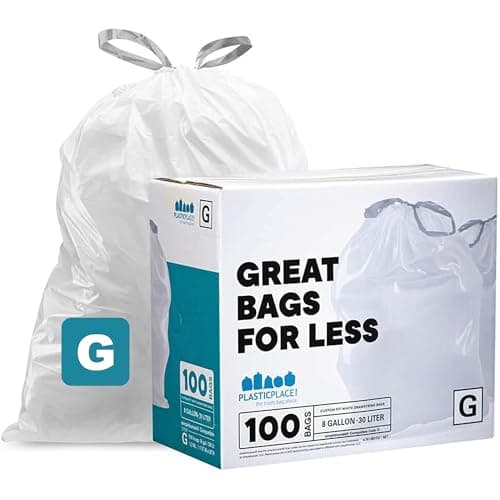 Image of Plasticplace Custom Fit Bin Bags, Compatible with simplehuman Code G (100 Count) White Drawstring Bin Liners 8 Gallon / 30 Liters, 17.5" x 28"