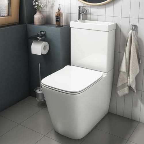 Image of Baystone® Provence Modern Bathroom Cloakroom 2 in 1 Close Coupled Toilet & Wash Basin Combi Set Combined WC Sink with Tap & Waste Square Pan, White Gloss