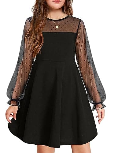 Image of Arshiner Girls Dresses Puff Sleeves Party Dress Casual Long Sleeve Dress Round Neck Festive Dresses for Children Black 130 8-9 Years